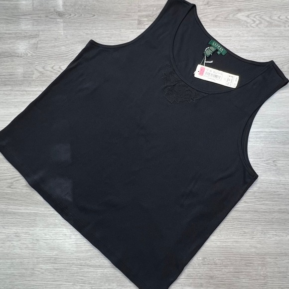 Lauren Ralph Lauren Womens Ribbed‎ Knit Tank Top 3X Black Lace Detail  NWT - Picture 1 of 12